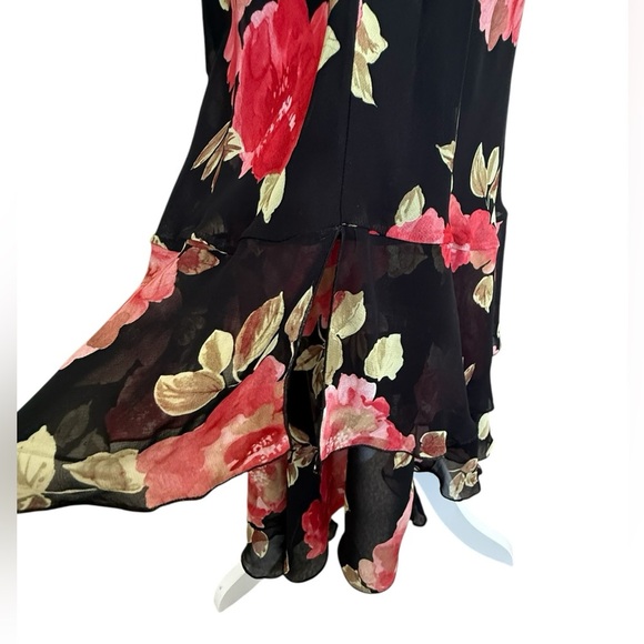 Vintage Petite Sophisticate Black Floral Midi Slip Dress Red Rose 6 Chiffon - Picture 4 of 10